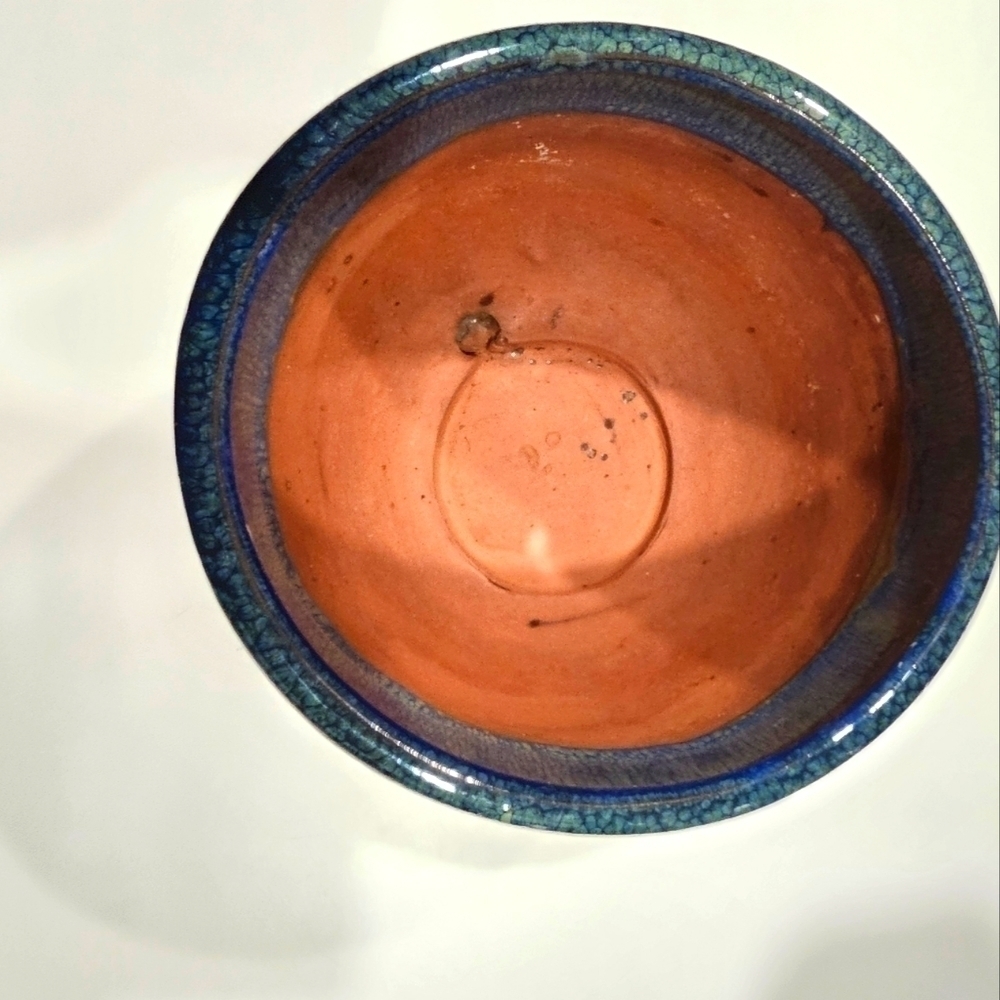 Blue & Tan Ceramic Planter With Saucer and Drainage Holes Preowned 6"x6"x4" - Picture 3 of 12